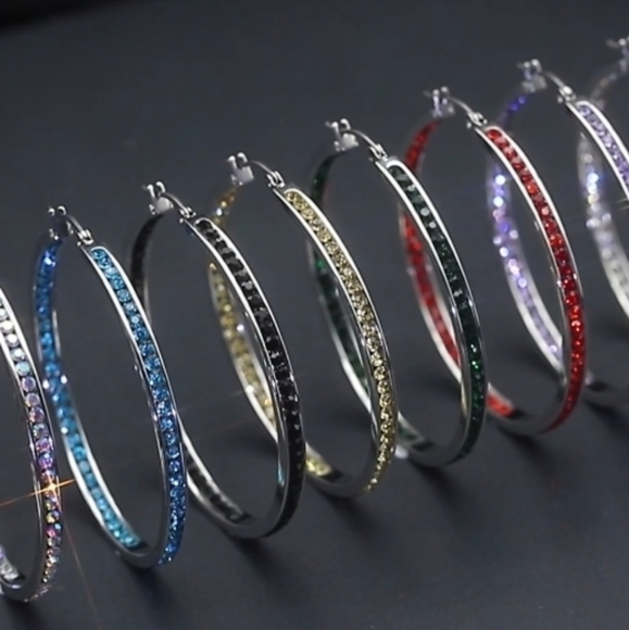 Big Black Rhinestone Silver Hoop Earrings Sparkle Hoops CZ Crystal Channel Loop - Picture 12 of 12